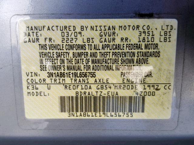 3N1AB61E19L656755 - 2009 NISSAN SENTRA 2.0 SILVER photo 10