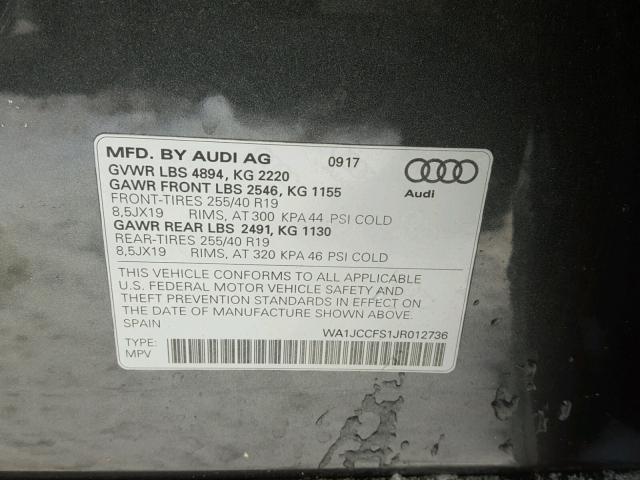 WA1JCCFS1JR012736 - 2018 AUDI Q3 PREMIUM GRAY photo 10