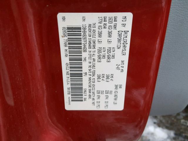 1D8HB48287F544698 - 2007 DODGE DURANGO SL RED photo 10