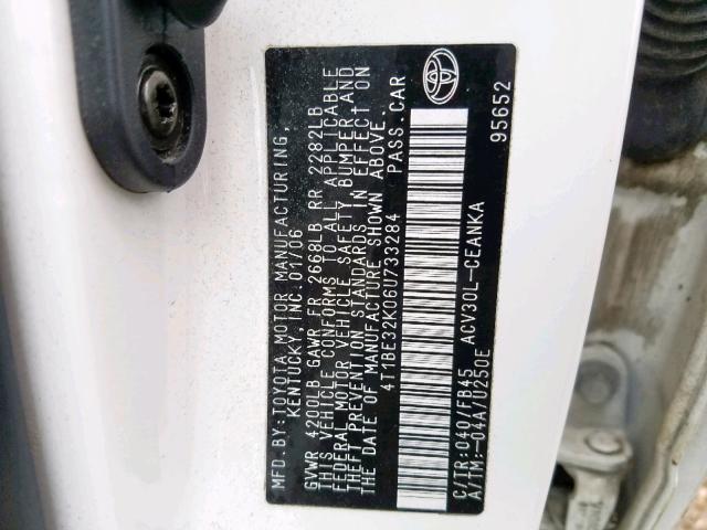 4T1BE32K06U733284 - 2006 TOYOTA CAMRY LE WHITE photo 10