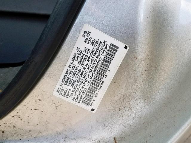 5FNRL38606B075817 - 2006 HONDA ODYSSEY EX SILVER photo 10