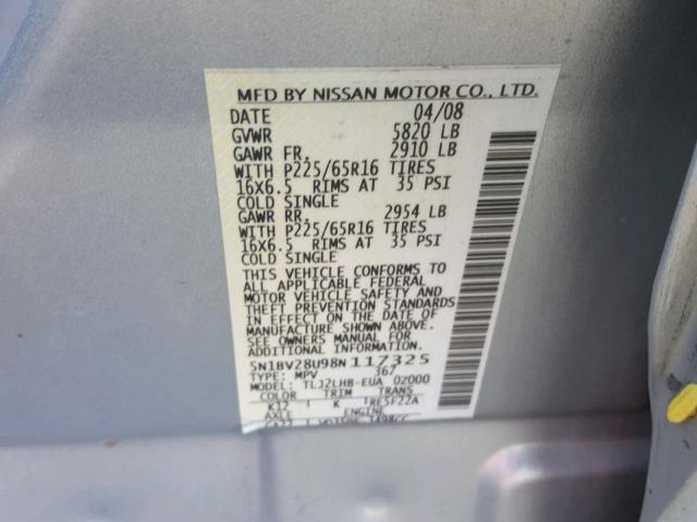 5N1BV28U98N117325 - 2008 NISSAN QUEST S SILVER photo 10