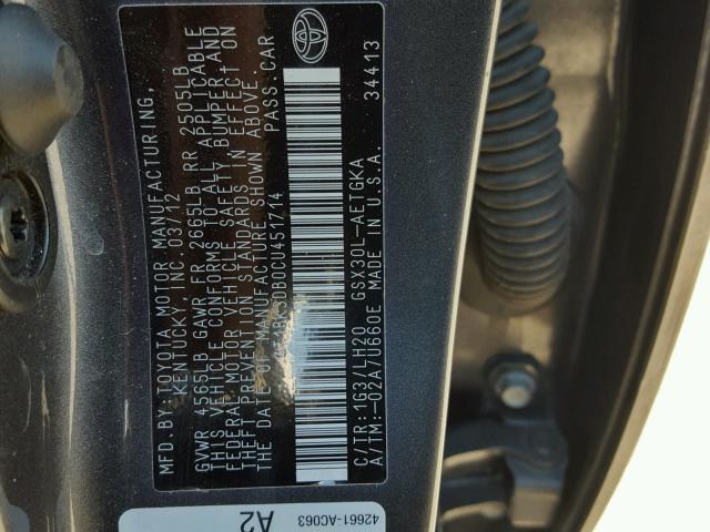 4T1BK3DB0CU451714 - 2012 TOYOTA AVALON BAS GRAY photo 10