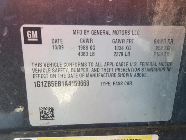 1G1ZB5EB1A4159668 - 2010 CHEVROLET MALIBU LS GRAY photo 10