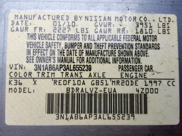 3N1AB6AP3AL655239 - 2010 NISSAN SENTRA 2.0 GRAY photo 10