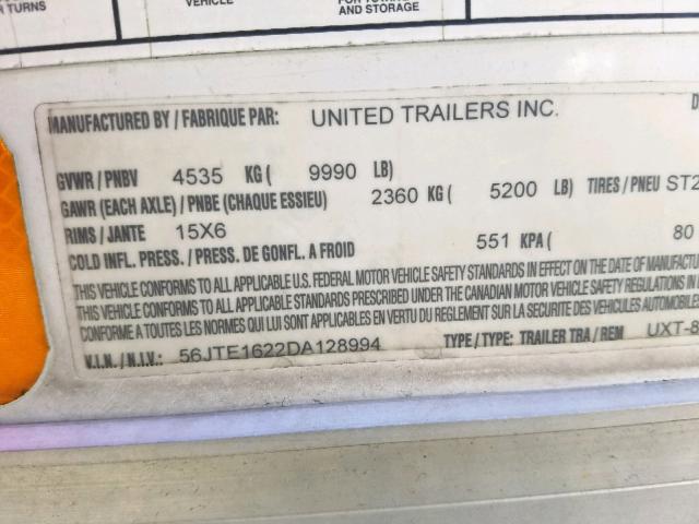 56JTE1622DA128994 - 2013 UNIT TRAILER WHITE photo 10