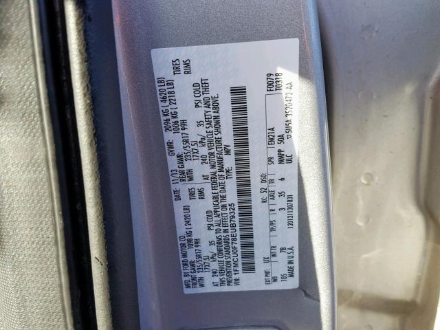 1FMCU0F78EUB79325 - 2014 FORD ESCAPE S SILVER photo 10