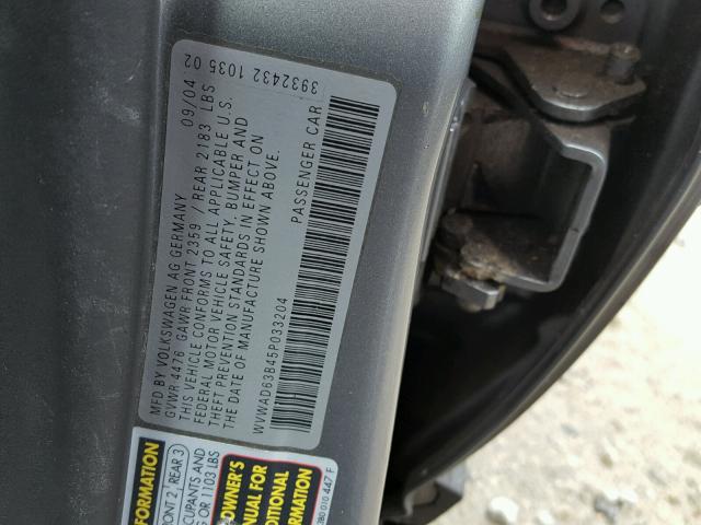 WVWAD63B45P033204 - 2005 VOLKSWAGEN PASSAT GLS GRAY photo 10