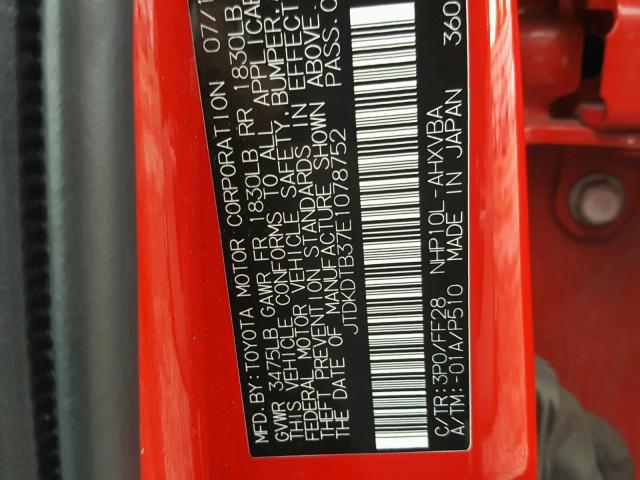 JTDKDTB37E1078752 - 2014 TOYOTA PRIUS C RED photo 10