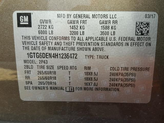 1GTG6DEN4H1236472 - 2017 GMC CANYON SLT BROWN photo 10