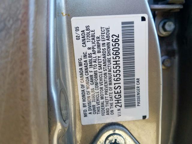 2HGES16555H560562 - 2005 HONDA CIVIC LX GOLD photo 10