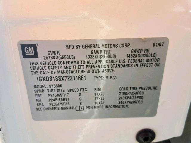 1GKDS13SX72211661 - 2007 GMC ENVOY WHITE photo 10