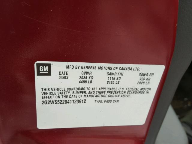 2G2WS522041123912 - 2004 PONTIAC GRAND PRIX MAROON photo 10