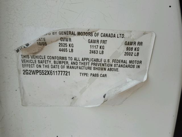 2G2WP552X61177721 - 2006 PONTIAC GRAND PRIX WHITE photo 10