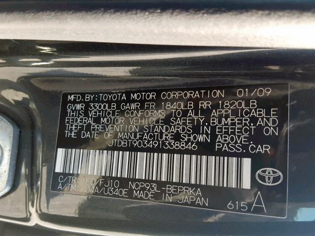 JTDBT903491338846 - 2009 TOYOTA YARIS GRAY photo 10