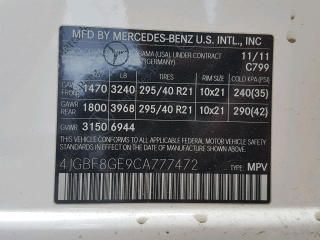 4JGBF8GE9CA777472 - 2012 MERCEDES-BENZ GL 550 4MA WHITE photo 10