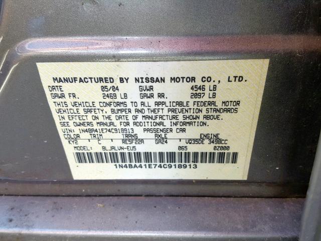 1N4BA41E74C918913 - 2004 NISSAN MAXIMA SE CHARCOAL photo 10