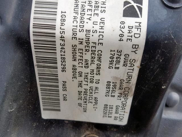 1G8AJ54F34Z185296 - 2004 SATURN ION LEVEL GRAY photo 10