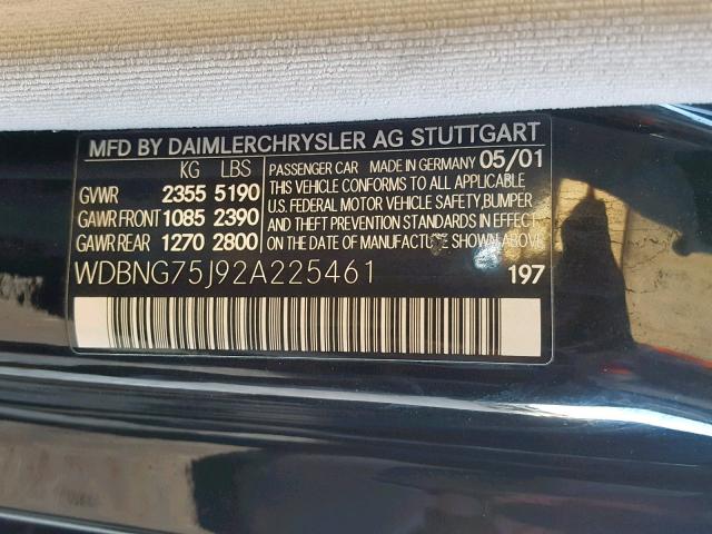 WDBNG75J92A225461 - 2002 MERCEDES-BENZ S 500 BLACK photo 10