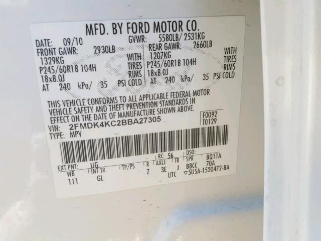 2FMDK4KC2BBA27305 - 2011 FORD EDGE LIMIT WHITE photo 10