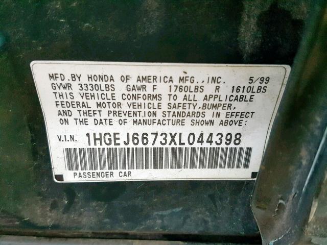 1HGEJ6673XL044398 - 1999 HONDA CIVIC LX GREEN photo 10