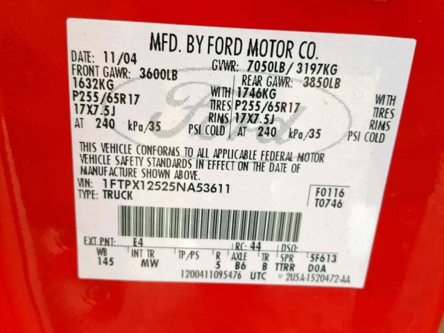 1FTPX12525NA53611 - 2005 FORD F150 RED photo 10