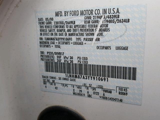 1LNHM87A3YY910691 - 2000 LINCOLN LS WHITE photo 10