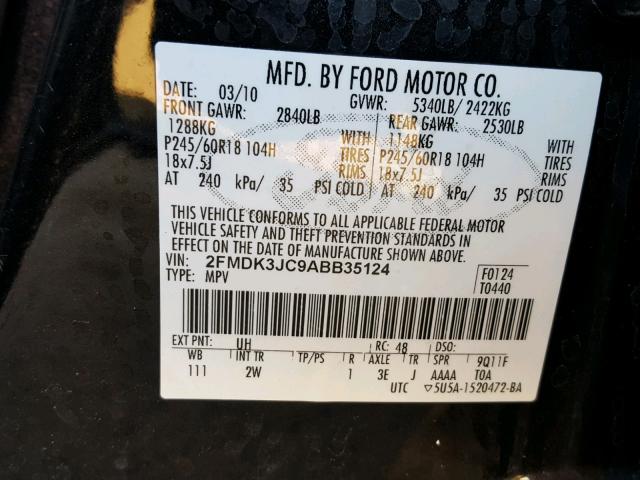 2FMDK3JC9ABB35124 - 2010 FORD EDGE SEL BLACK photo 10