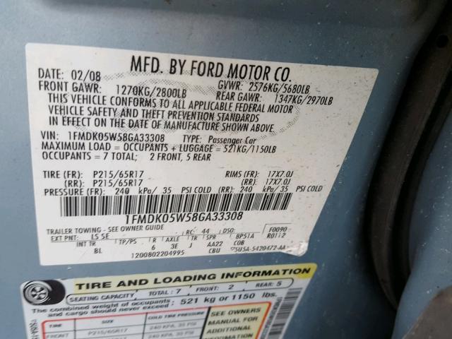 1FMDK05W58GA33308 - 2008 FORD TAURUS X S BLUE photo 10