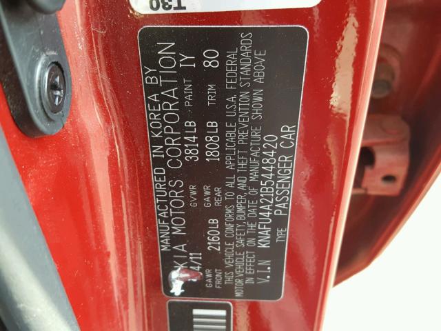 KNAFU4A21B5448420 - 2011 KIA FORTE EX RED photo 10