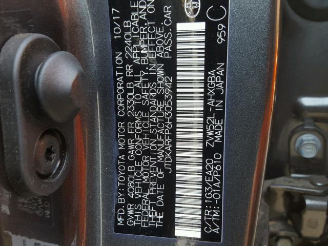 JTDKARFP6H3053942 - 2017 TOYOTA PRIUS PRIM GRAY photo 10