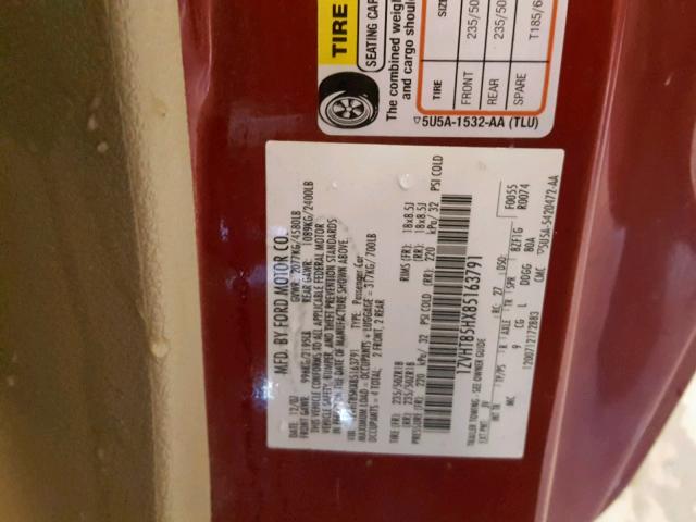 1ZVHT85HX85163791 - 2008 FORD MUSTANG GT RED photo 10