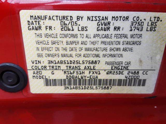 3N1AB51D25L575887 - 2005 NISSAN SENTRA SE- RED photo 10