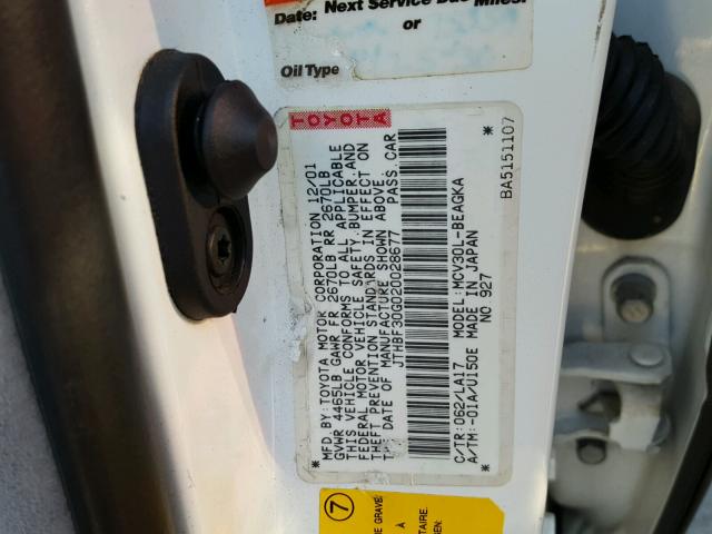 JTHBF30G020028677 - 2002 LEXUS ES 300 WHITE photo 10