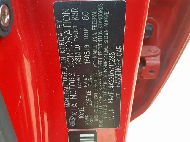 KNAFU4A22D5711288 - 2013 KIA FORTE EX RED photo 10