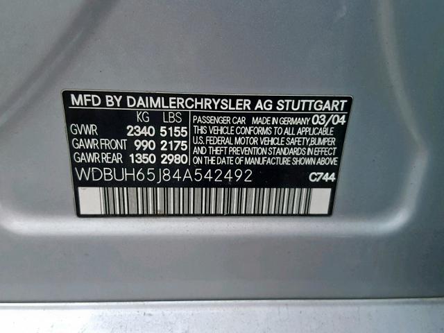 WDBUH65J84A542492 - 2004 MERCEDES-BENZ E 320 SILVER photo 10