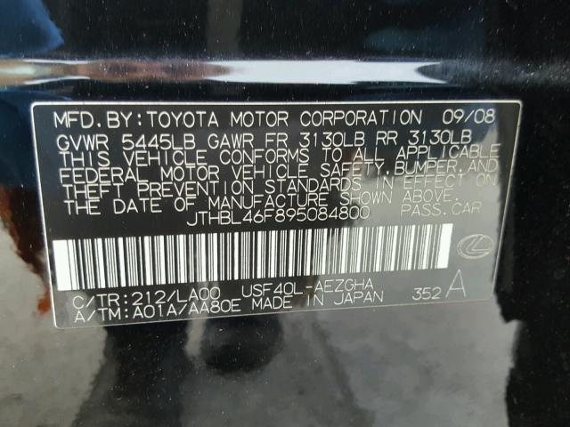 JTHBL46F895084800 - 2009 LEXUS LS 460 BLACK photo 10