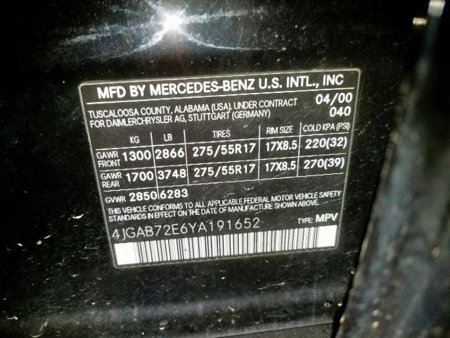 4JGAB72E6YA191652 - 2000 MERCEDES-BENZ ML430 BLACK photo 10