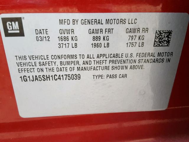 1G1JA5SH1C4175039 - 2012 CHEVROLET SONIC LS RED photo 10
