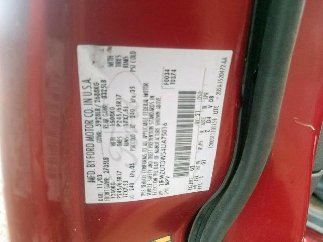 1FMZU73W54UA75016 - 2004 FORD EXPLORER X RED photo 10