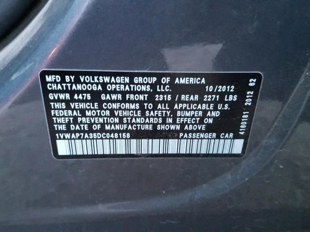 1VWAP7A35DC048158 - 2013 VOLKSWAGEN PASSAT S GRAY photo 10