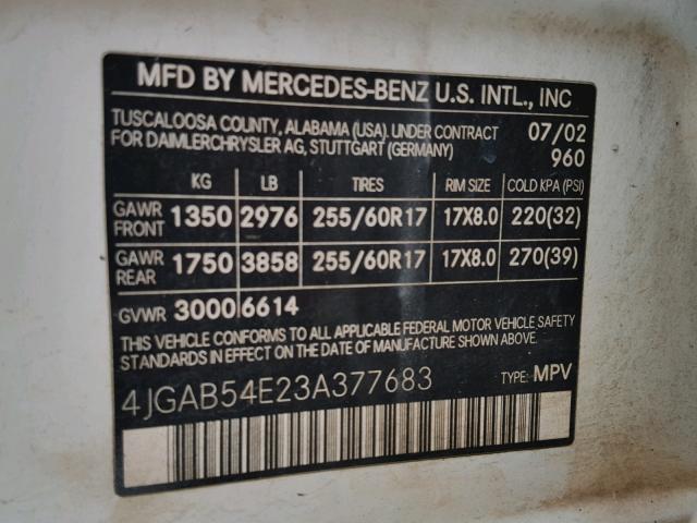 4JGAB54E23A377683 - 2003 MERCEDES-BENZ ML 320 WHITE photo 10