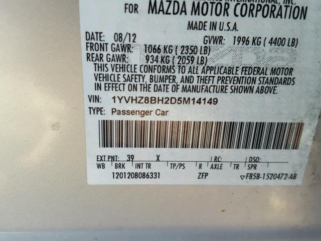 1YVHZ8BH2D5M14149 - 2013 MAZDA 6 SPORT SILVER photo 10