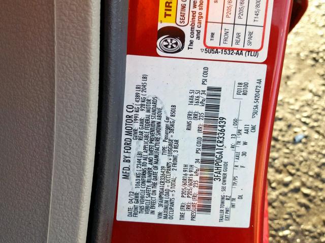 3FAHP0GA1CR336439 - 2012 FORD FUSION S RED photo 10