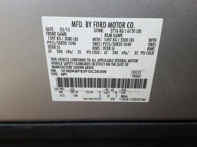 1FM5K8F83FGC35306 - 2015 FORD EXPLORER L SILVER photo 10