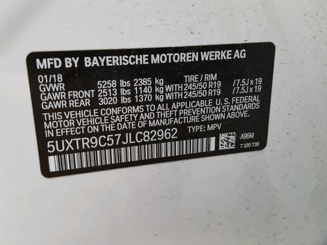 5UXTR9C57JLC82962 - 2018 BMW X3 XDRIVE3 WHITE photo 10