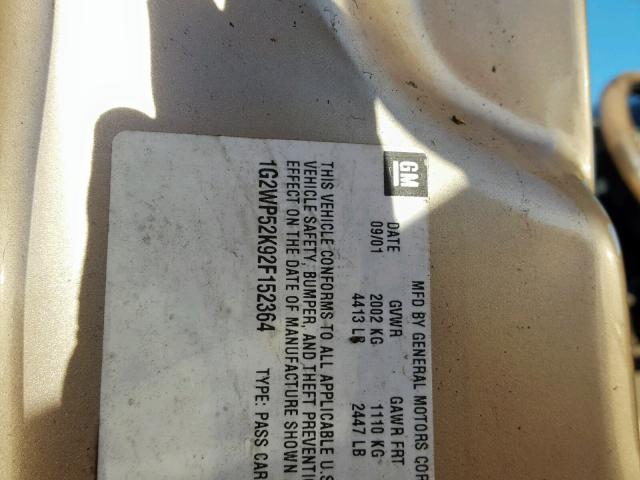 1G2WP52K92F152364 - 2002 PONTIAC GRAND PRIX GOLD photo 10