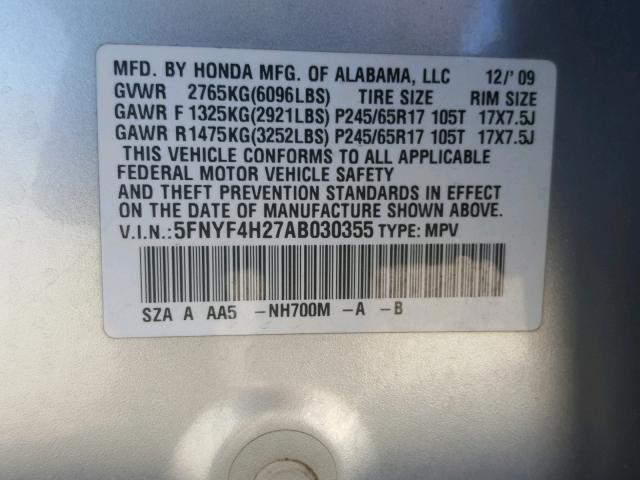 5FNYF4H27AB030355 - 2010 HONDA PILOT LX SILVER photo 10