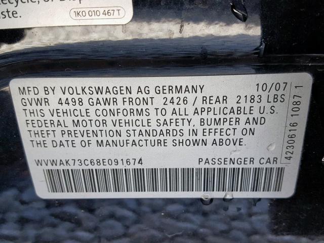 WVWAK73C68E091674 - 2008 VOLKSWAGEN PASSAT KOM BLACK photo 10