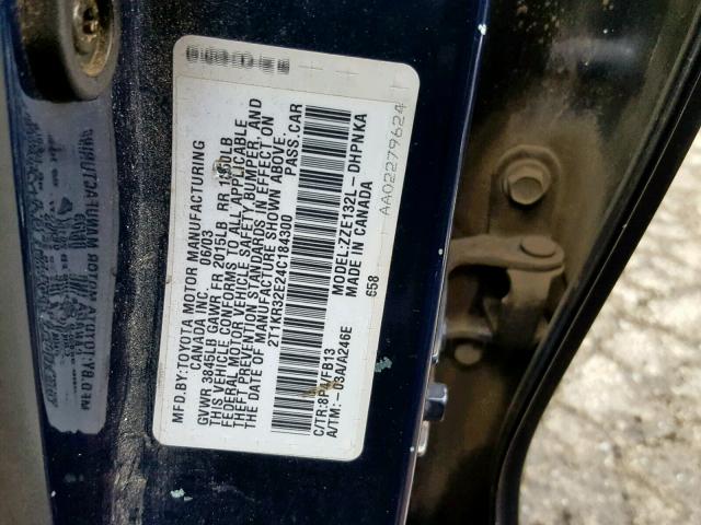 2T1KR32E24C184300 - 2004 TOYOTA COROLLA MA BLUE photo 10